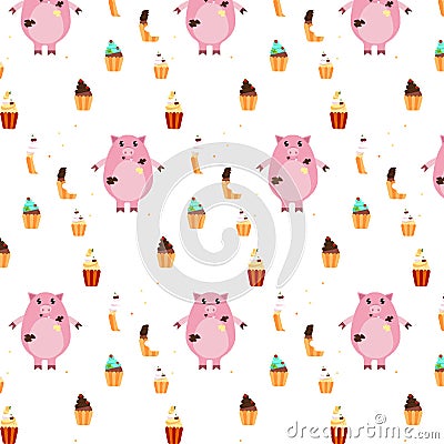 Vector . Cheerful childrens pattern . With muffins and a piglet . Stock Photo